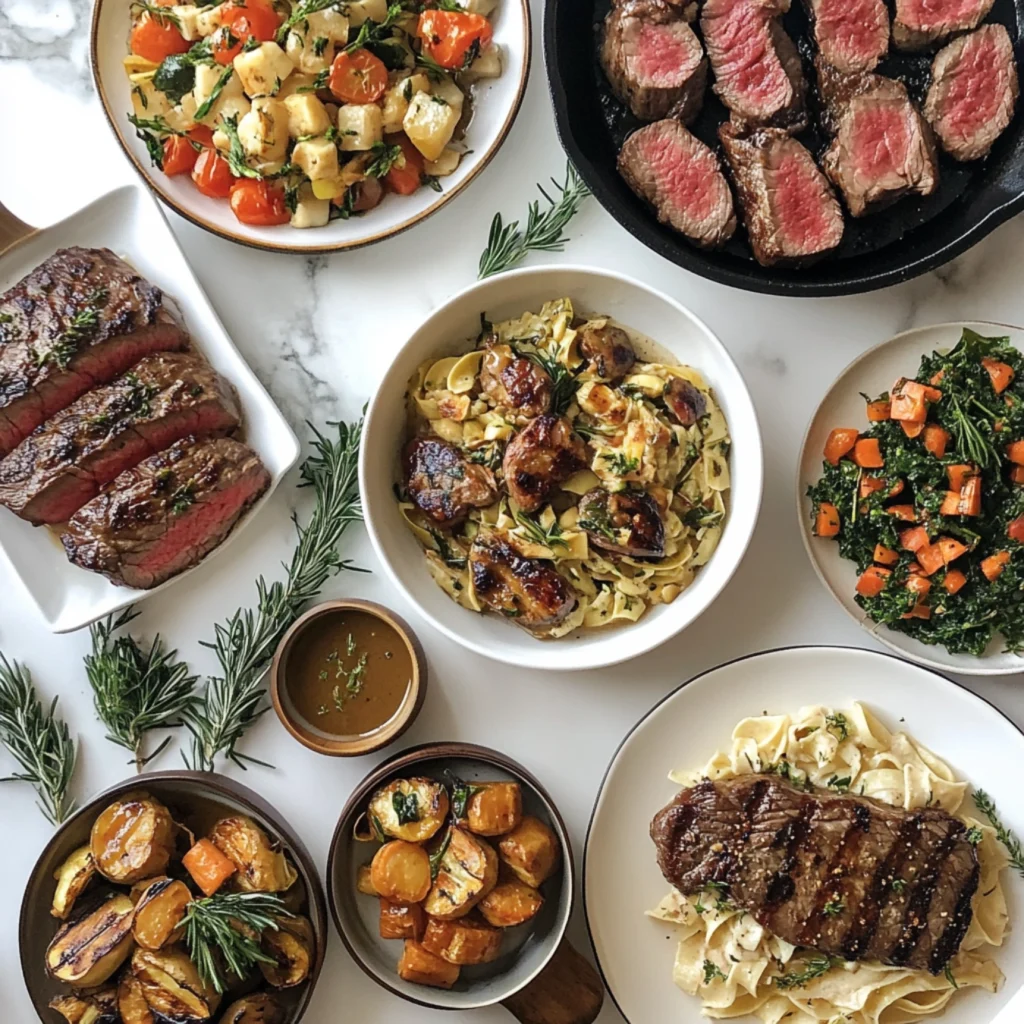 Spread of venison cube steak dishes on a wooden table