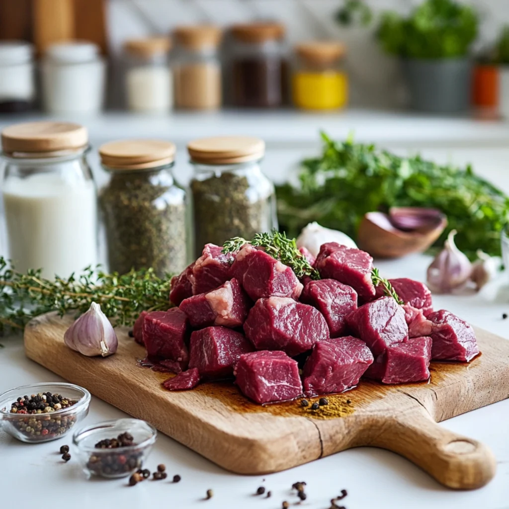 Venison cube steak soaking in buttermilk with seasoning ingredients