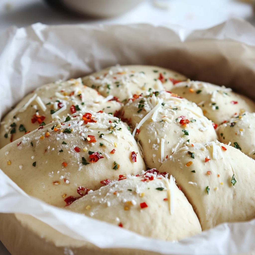 Unbaked vegan jalapeno cheese bread dough on parchment paper