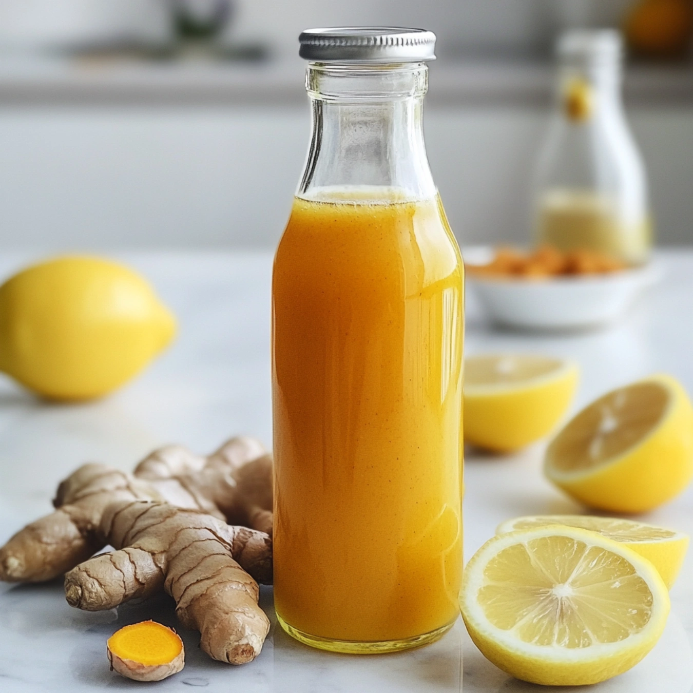 Immunity shot in a glass bottle with ginger, turmeric, and lemon.