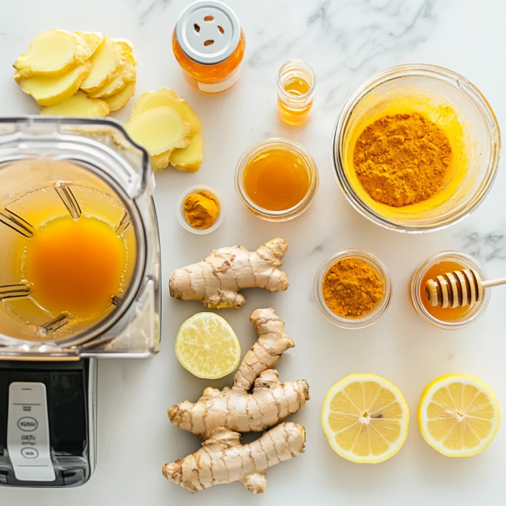 Ingredients and tools for making an immunity shot recipe.