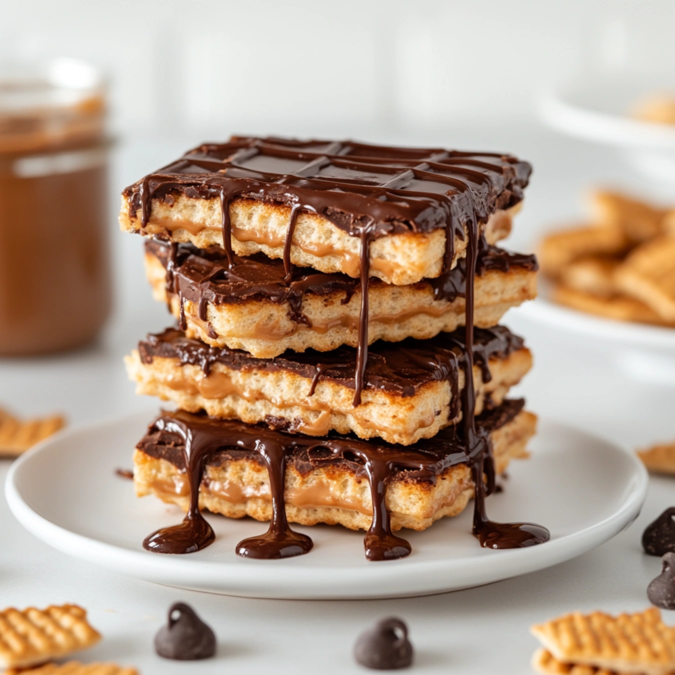 Cheez-It peanut butter and chocolate sandwiches drizzled with chocolate.