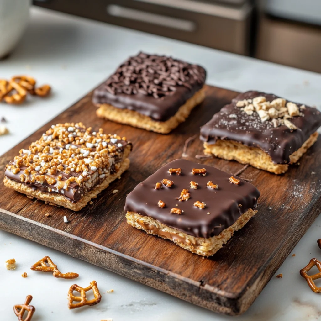 Variations of Cheez-It peanut butter and chocolate sandwiches with unique toppings.