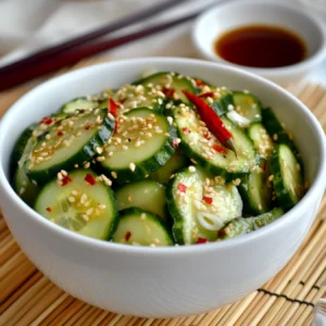 Din Tai Fung cucumber salad in a bowl with garnishes.