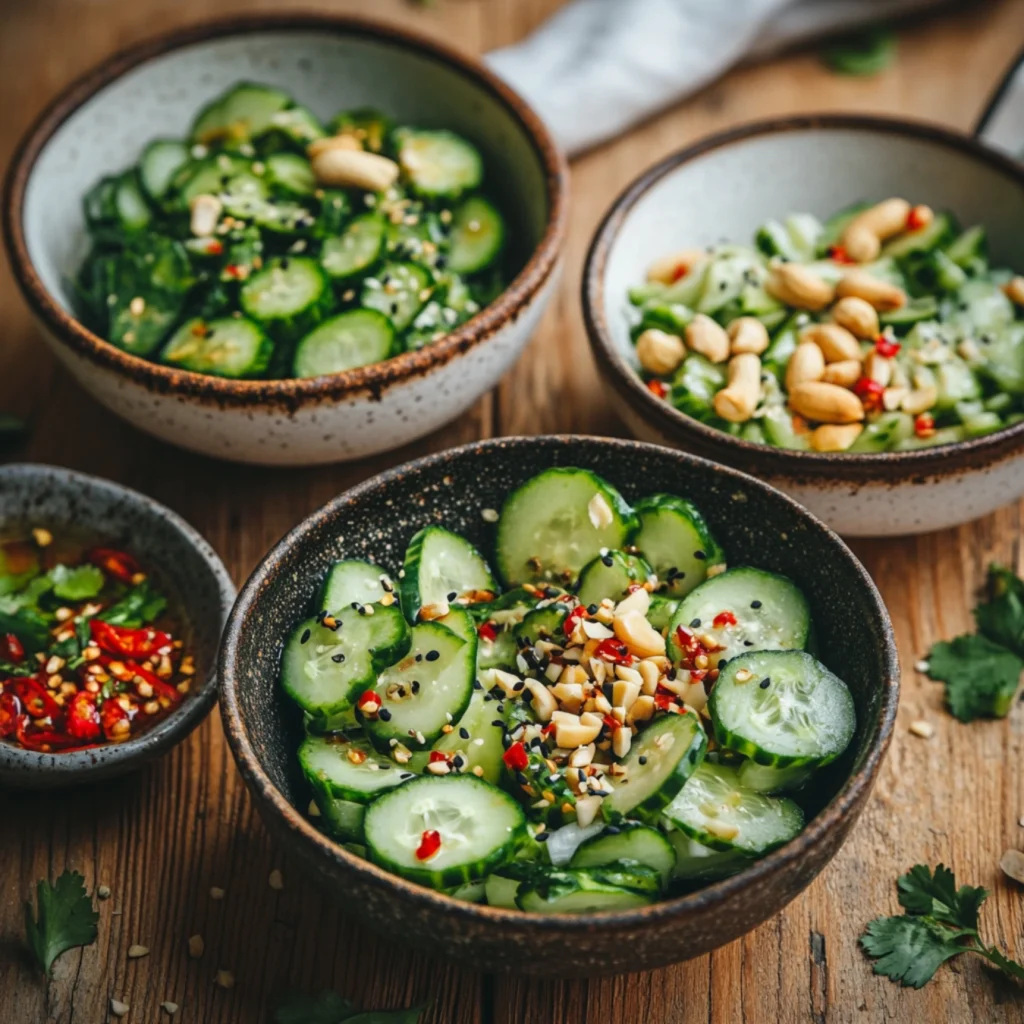 Variations of Din Tai Fung cucumber salad in bowls.