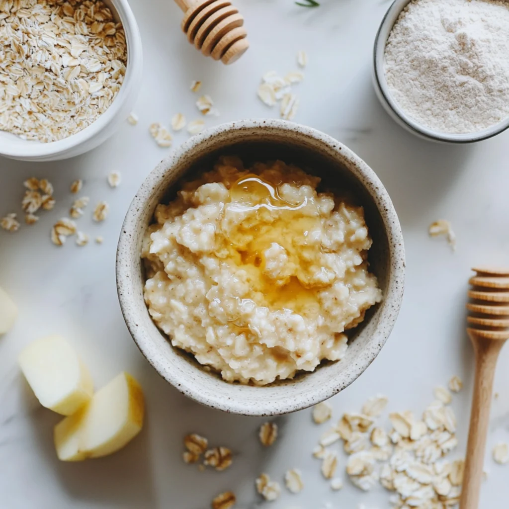 Bowl of oatmeal with honey and healthy baking ingredients in a white kitchen.