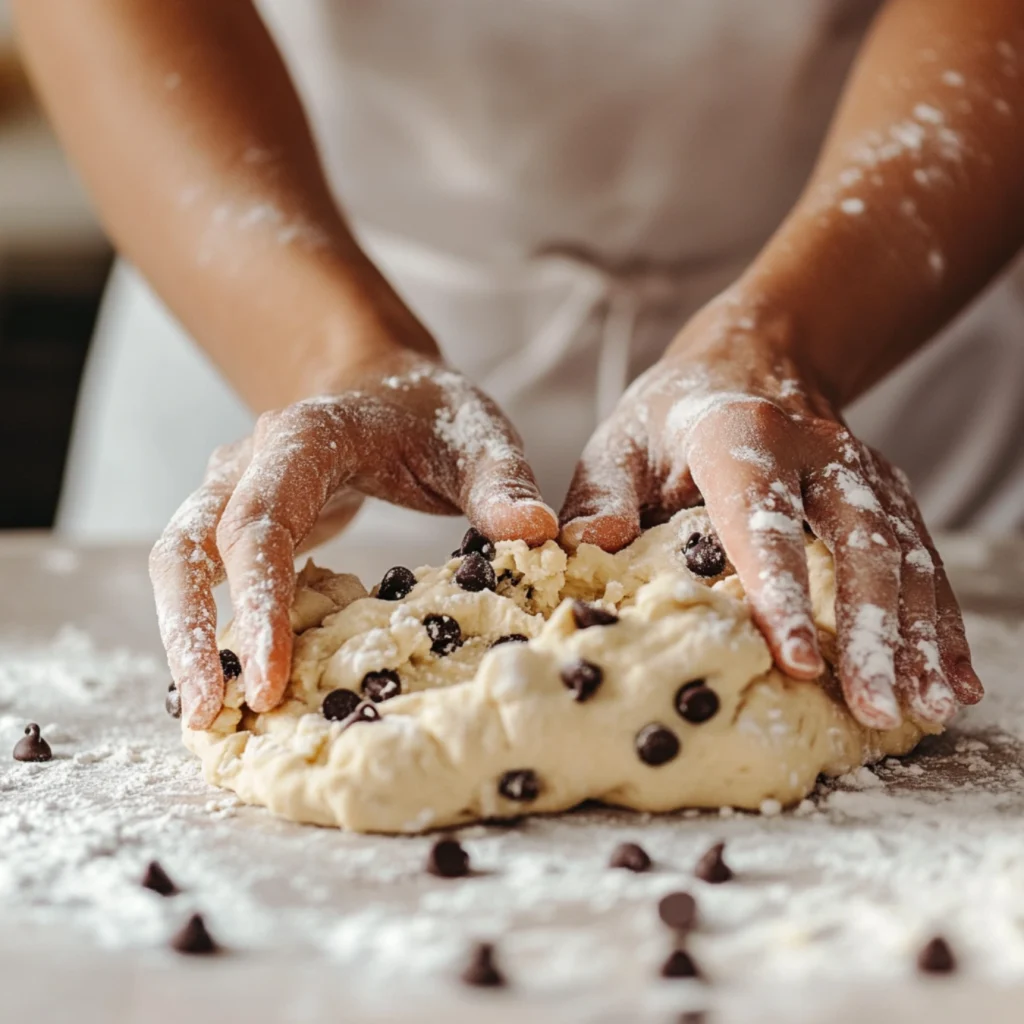 Braided Chocolate Chip Brioche Recipe-A baker braiding chocolate chip brioche dough on a floured counter.