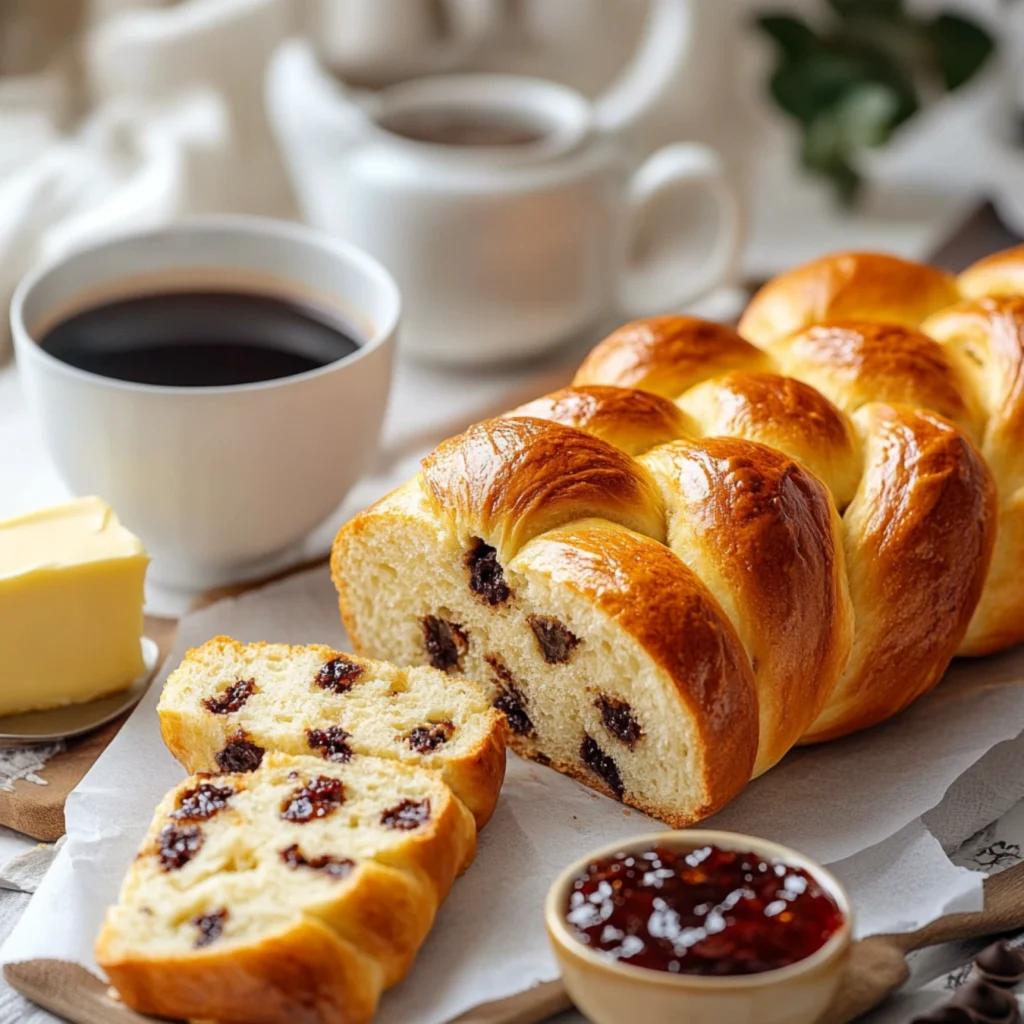 Sliced chocolate chip brioche served with coffee and butter.