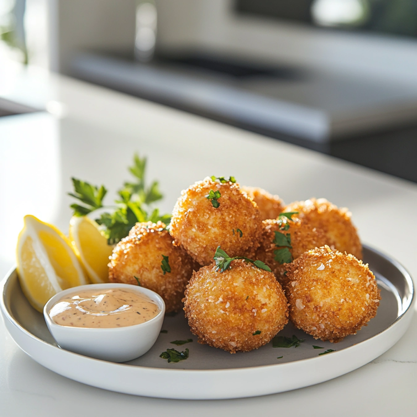 Close-up of crispy crab balls on a plate with lemon wedges, dipping sauces, and fresh herbs in a modern kitchen.