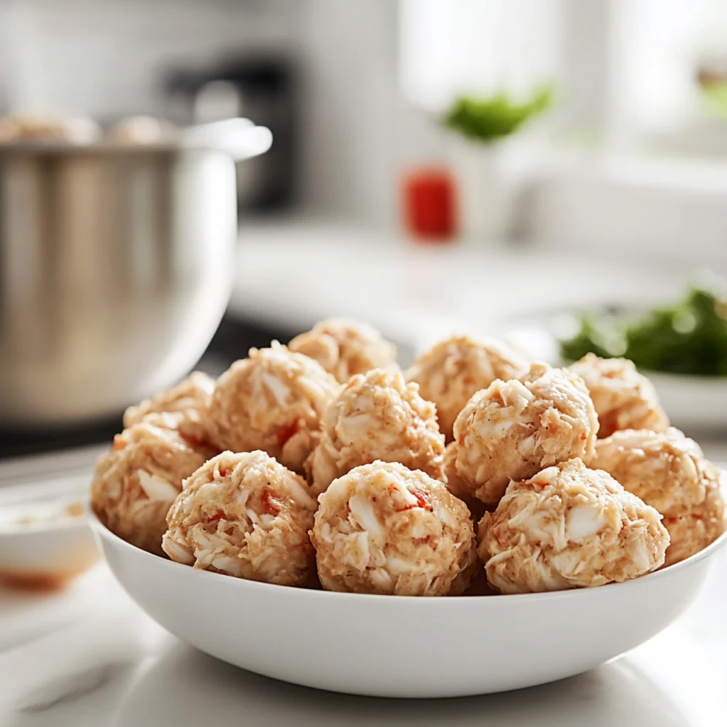 crab balls recipe-Close-up of uncooked crab balls with a mixing bowl of crab meat and ingredients in the background.