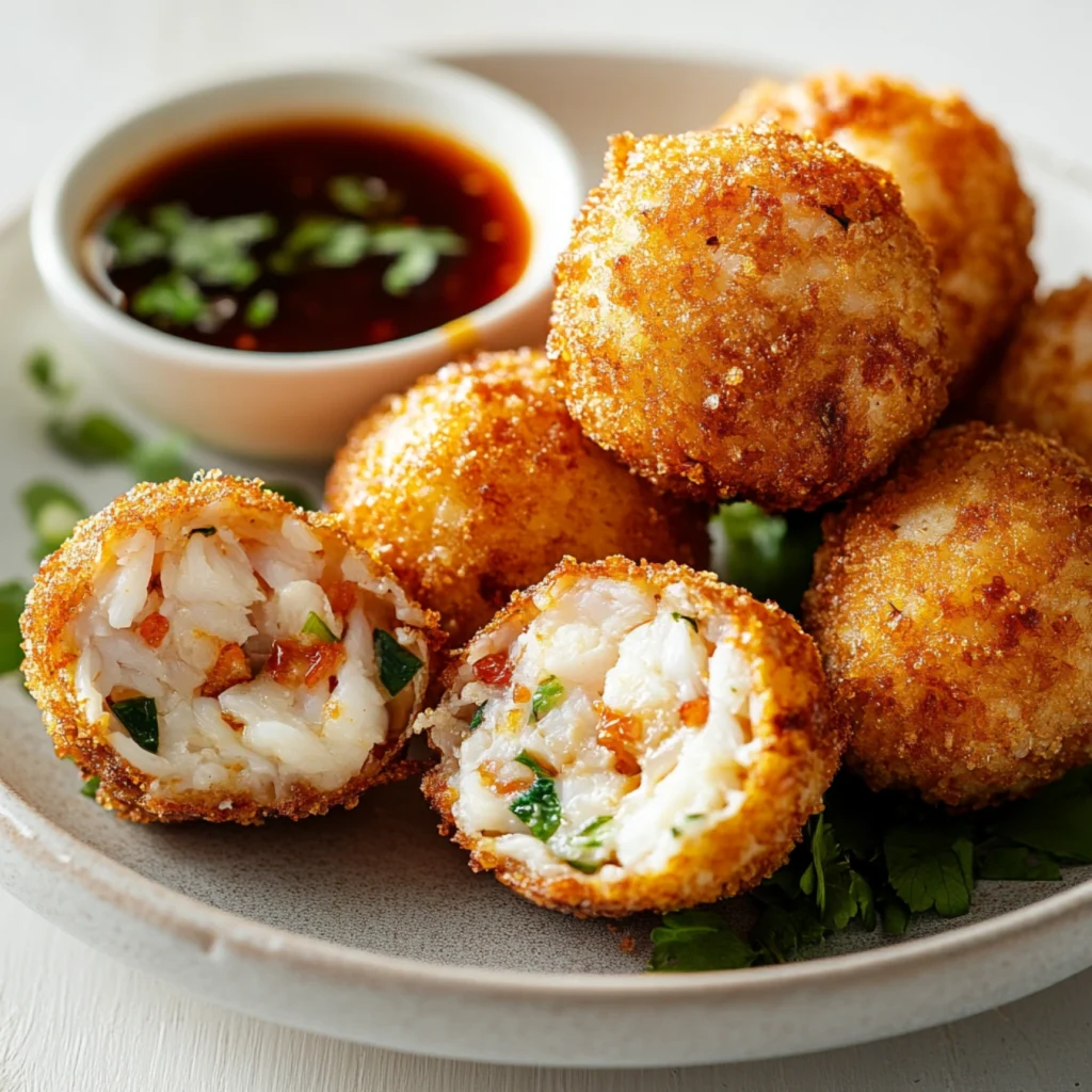 Crispy golden crab ball cut in half, revealing moist crab meat, served with dipping sauce on a plate in a white kitchen.