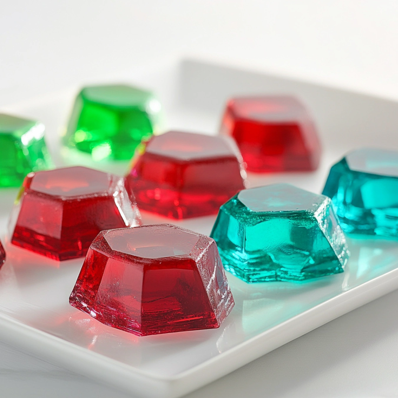 Translucent crystalline desserts in vibrant jewel-like shapes, including ruby red, emerald green, and sapphire blue, on a sleek white platter.