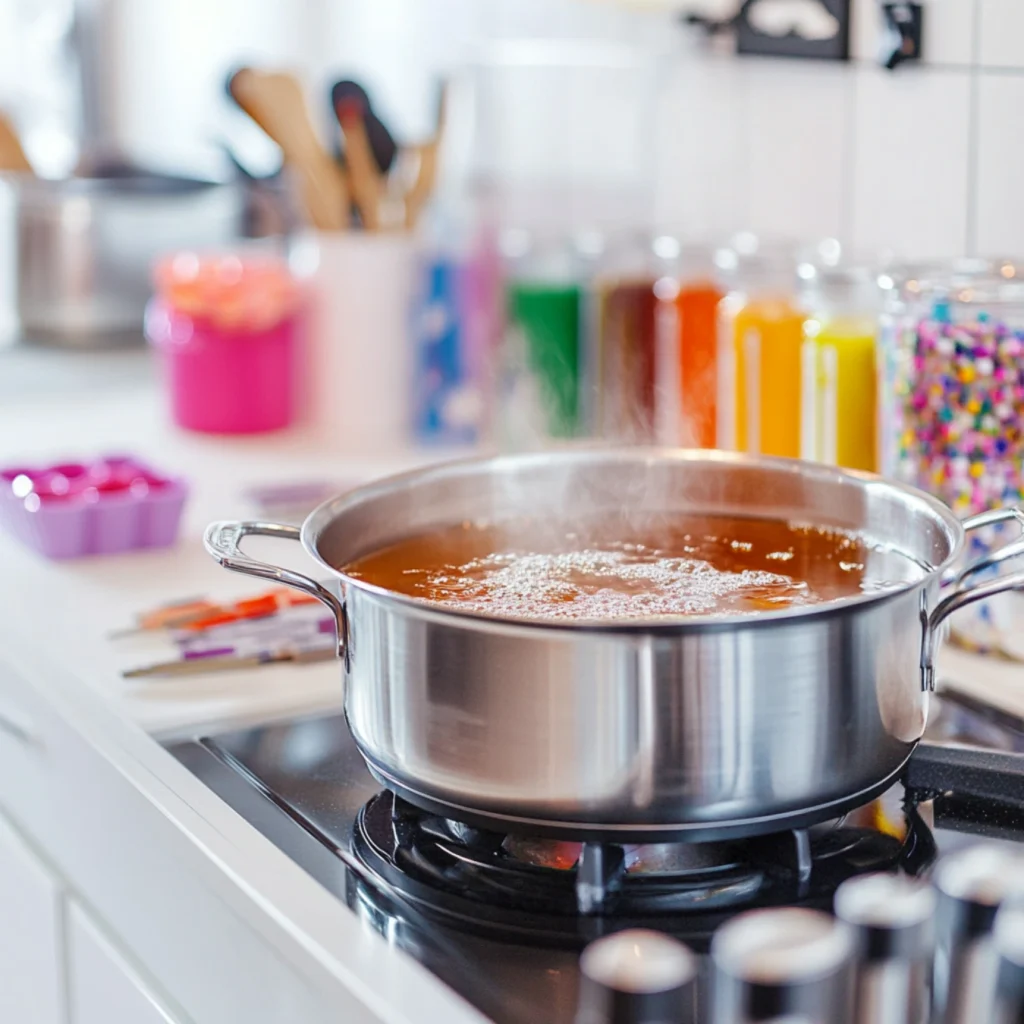 crystal candy recipe-Close-up of sugar syrup boiling in a pot on a stove, with silicone molds, spoons, and food coloring bottles nearby in a white kitchen