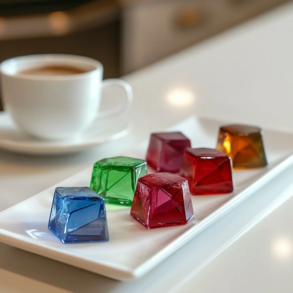 Translucent crystalline desserts in vibrant jewel-like shapes, including ruby red, emerald green, and sapphire blue, on a white platter with a coffee cup in the background.