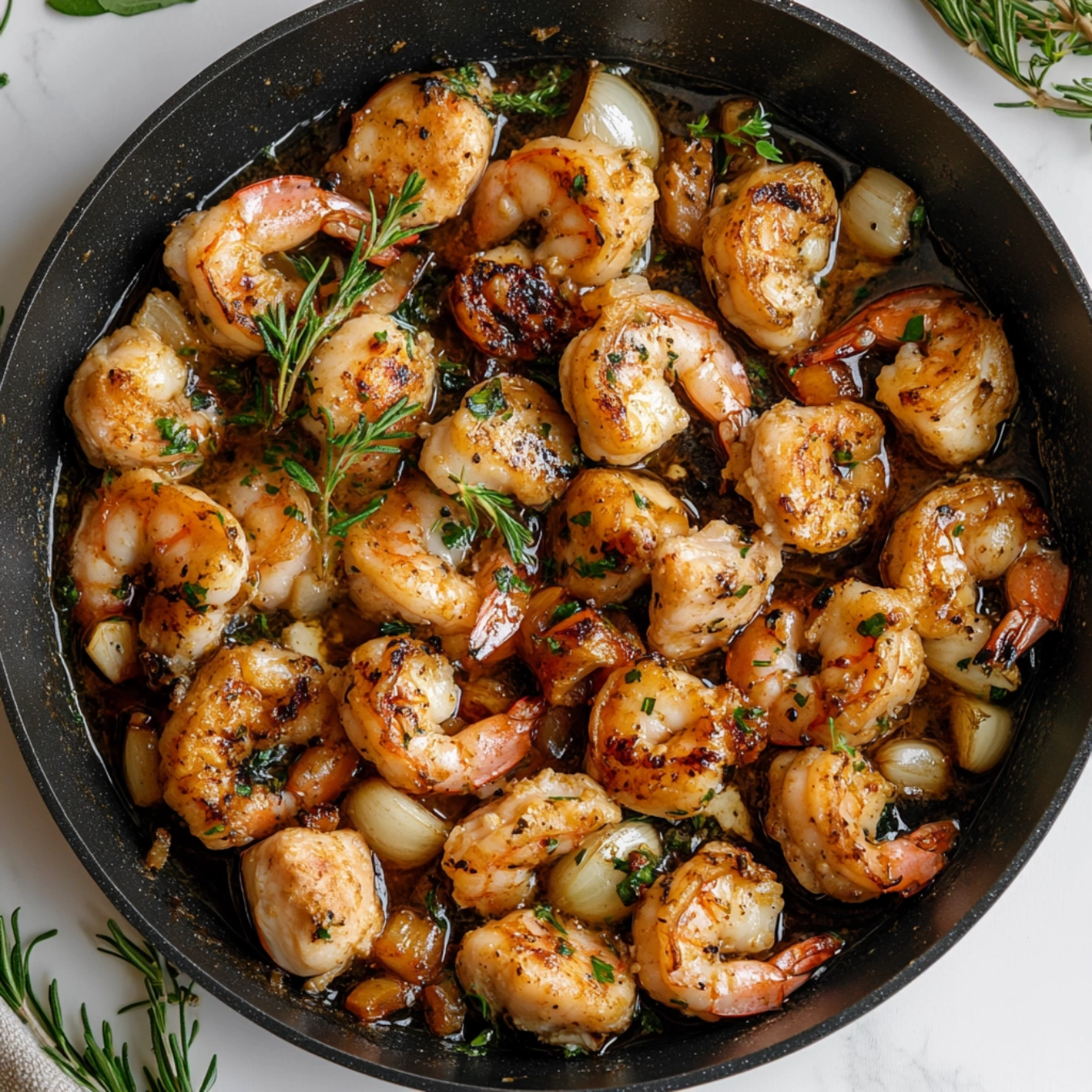 Chicken and shrimp cooking together in a skillet.