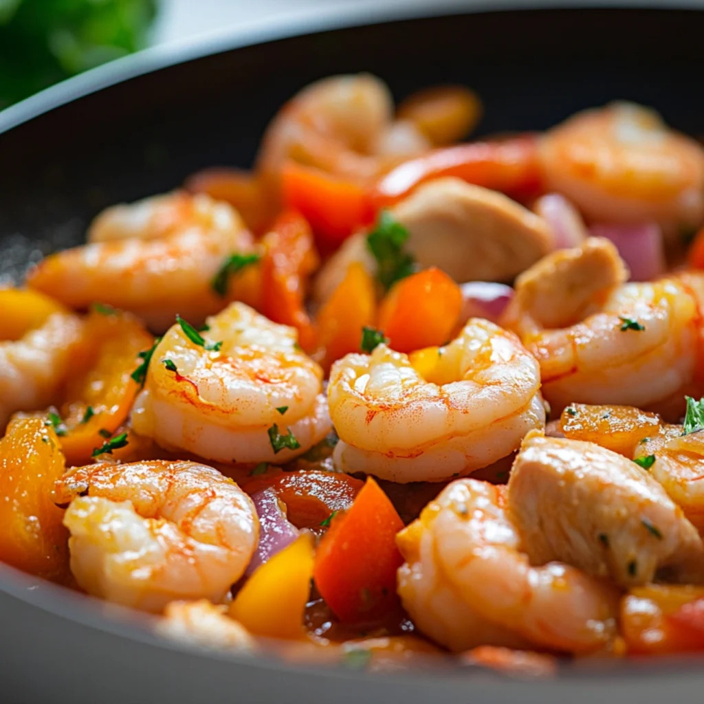 Close-up of shrimp cooking with chicken and vegetables in a pan.