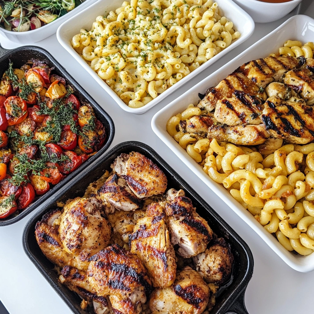 Buffet-style serving of baked chicken and sides