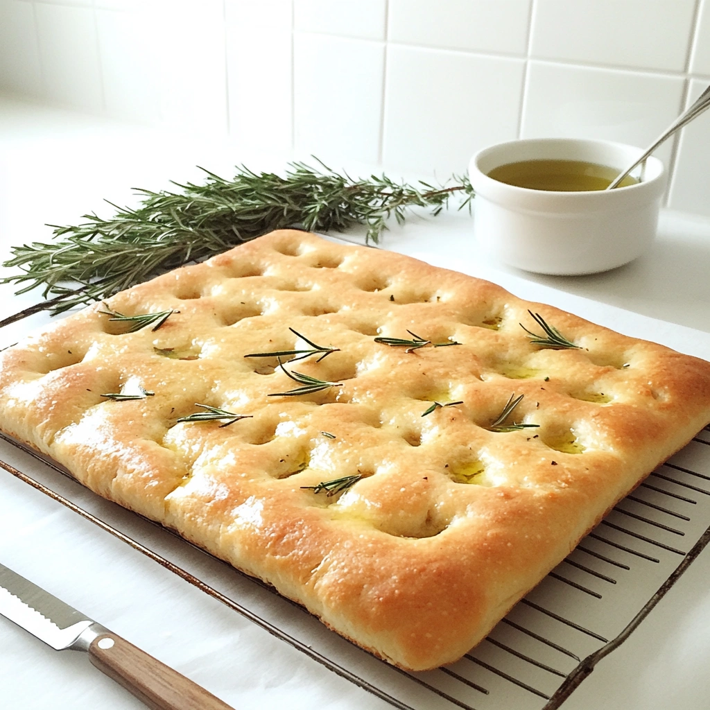 Golden focaccia bread cooling on a wire rack, with rosemary and olive oil nearby