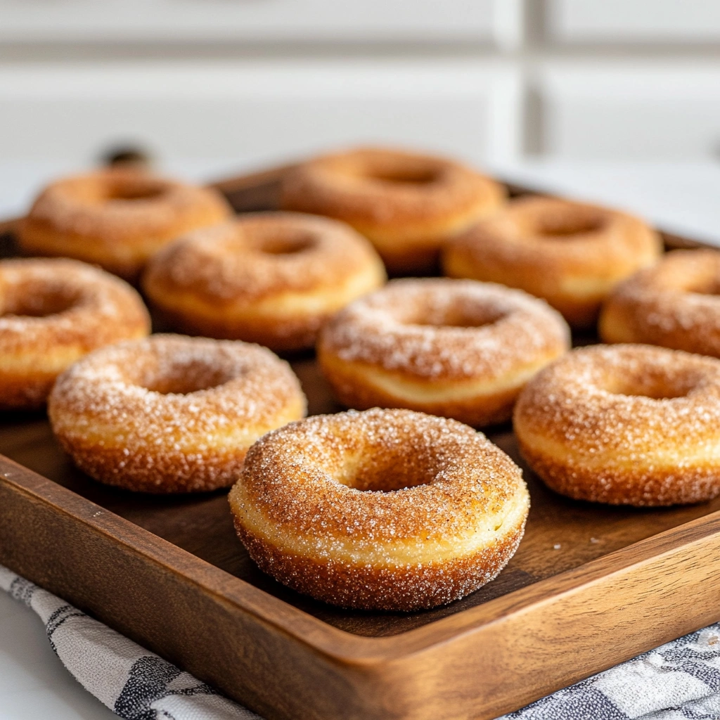 Freshly baked apple cider donuts coated in cinnamon sugar.