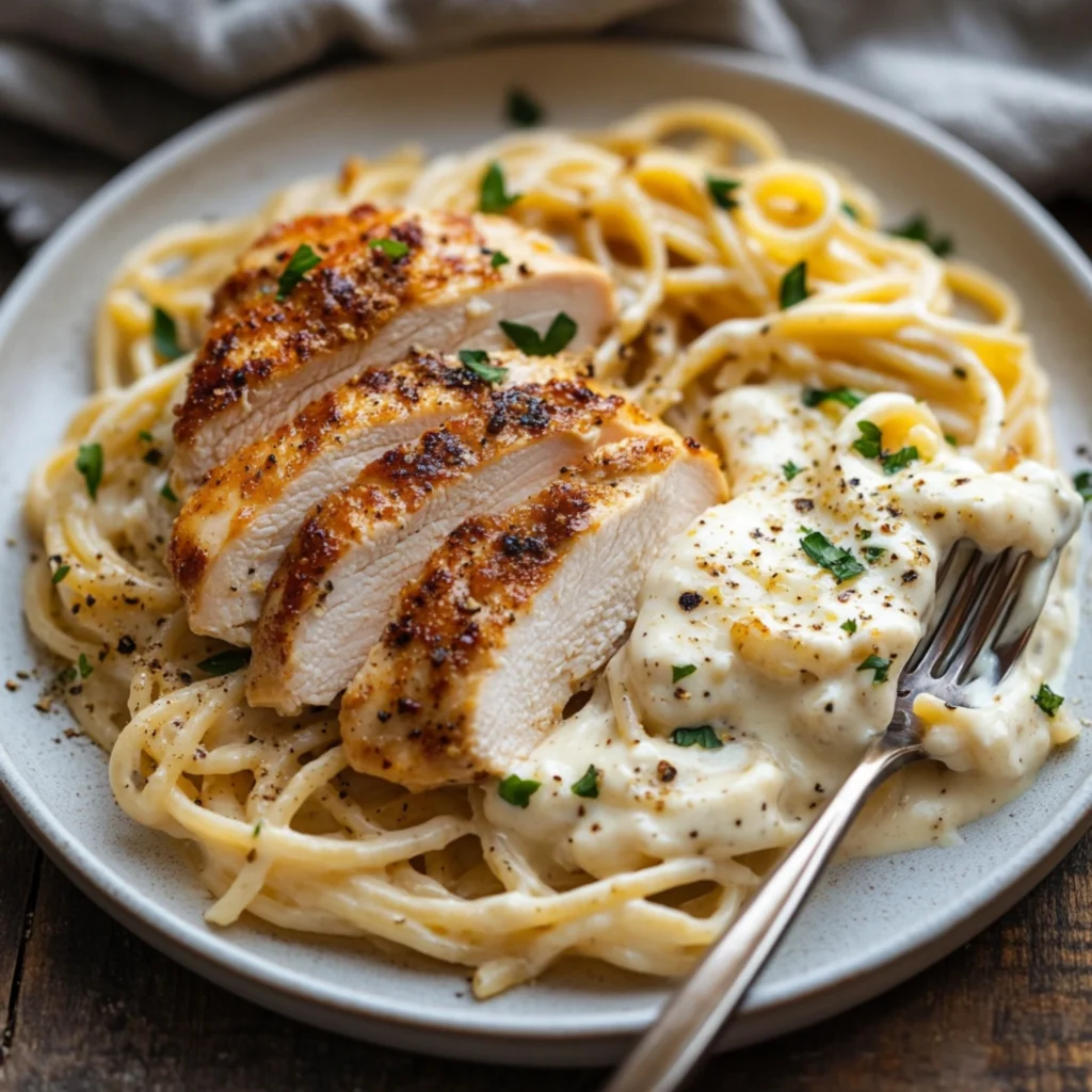 Garlic Butter Chicken with Creamy Ricotta Alfredo Pasta-Plated Garlic Butter Chicken with Ricotta Alfredo Pasta