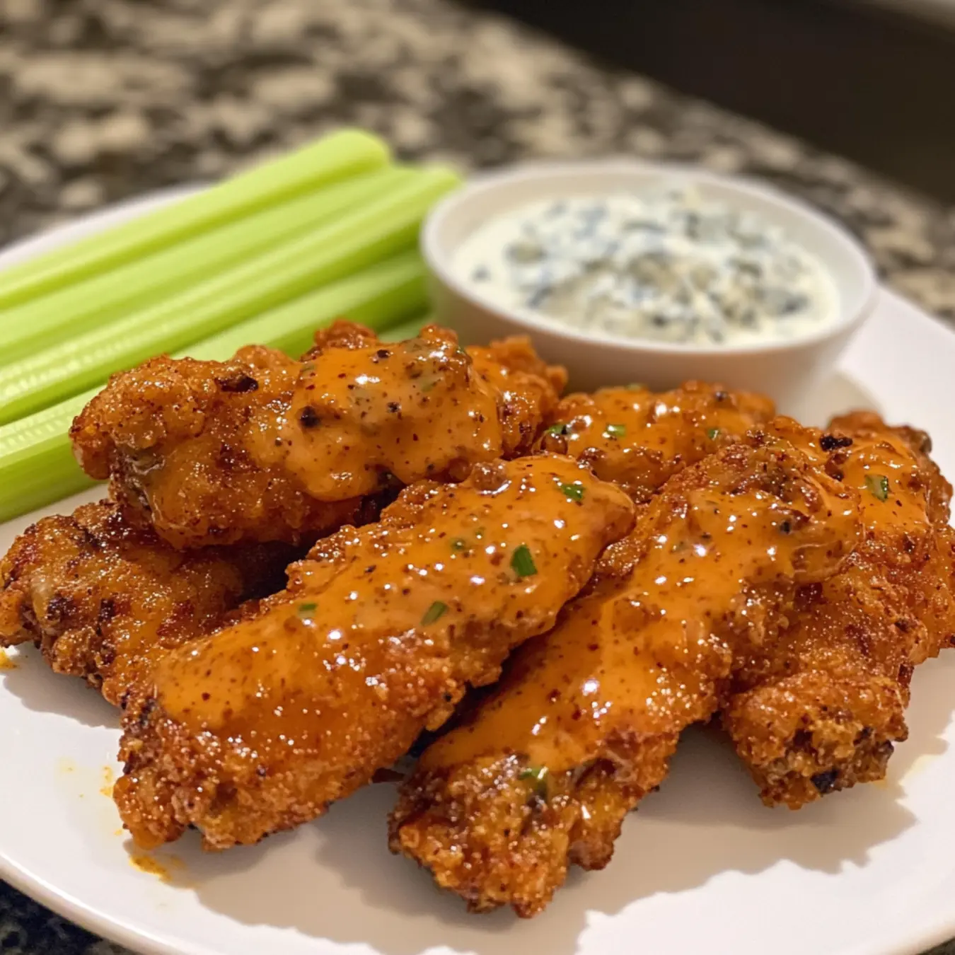 Crispy Buffalo wings coated in tangy hot sauce with blue cheese dip.