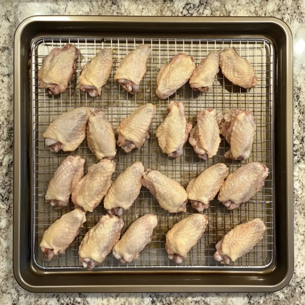 Uncooked chicken wings seasoned with baking powder on a wire rack.