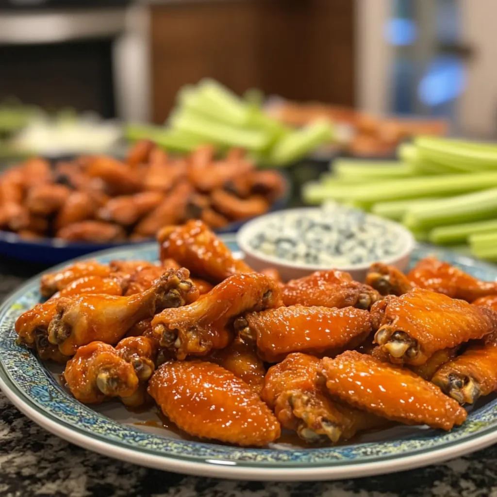 Crispy Oven-Baked Buffalo Wings with Tangy Hot Sauce-Three types of Buffalo wings—classic, honey-glazed, and extra spicy.