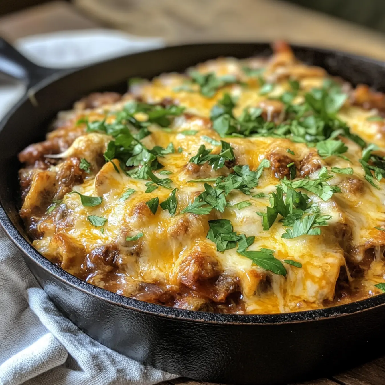 Slow Cooker Cowboy Casserole in a cast-iron skillet with melted cheese.