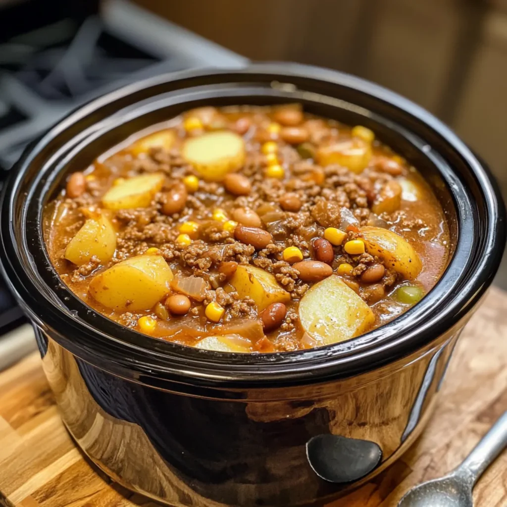 Slow cooker filled with layers of beef, potatoes, beans, and corn.