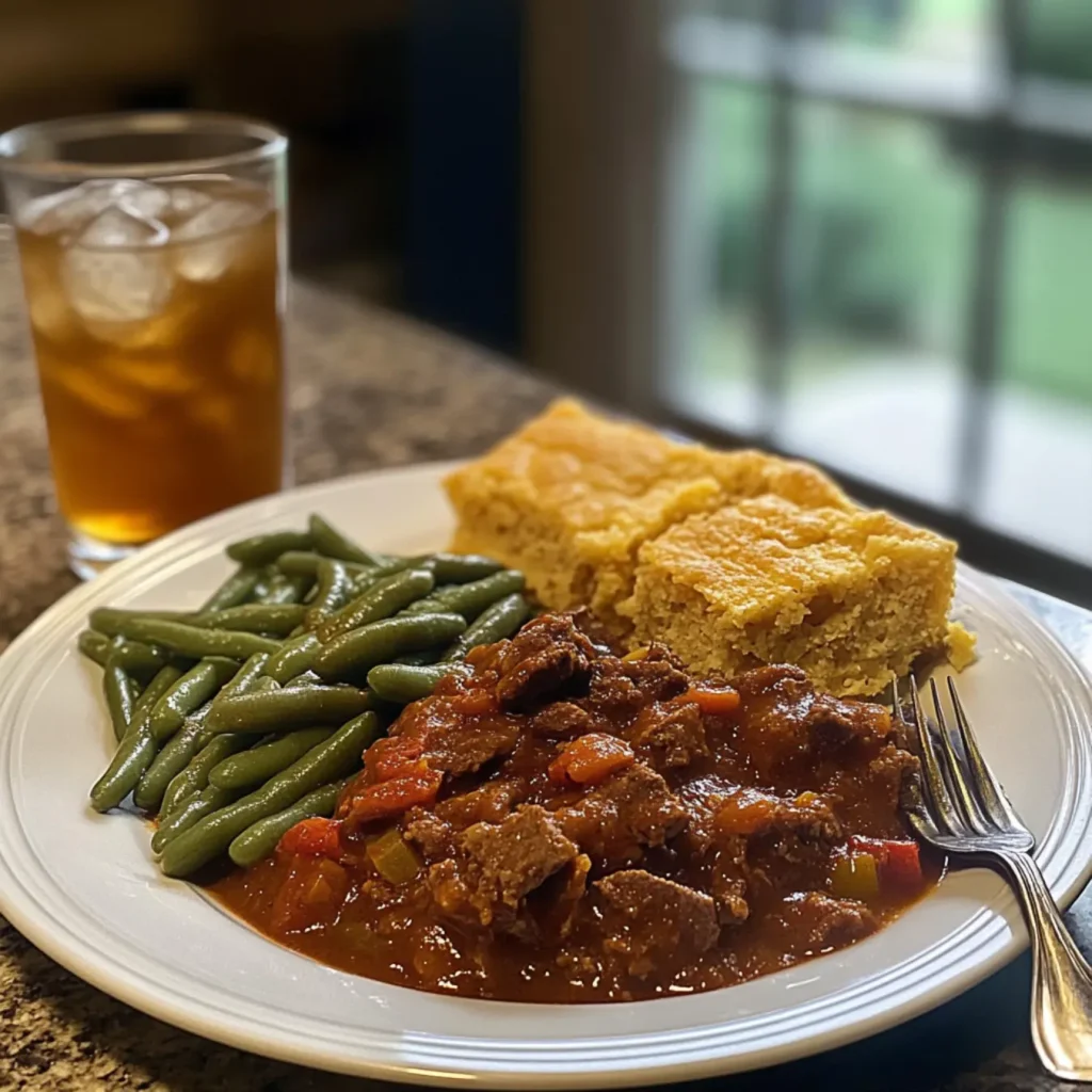 A plated serving of Slow Cooker Cowboy Casserole with sides.