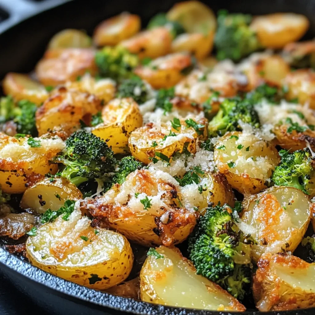 Roasted Parmesan Potatoes and Broccoli-Plated roasted parmesan potatoes and broccoli with grilled chicken.