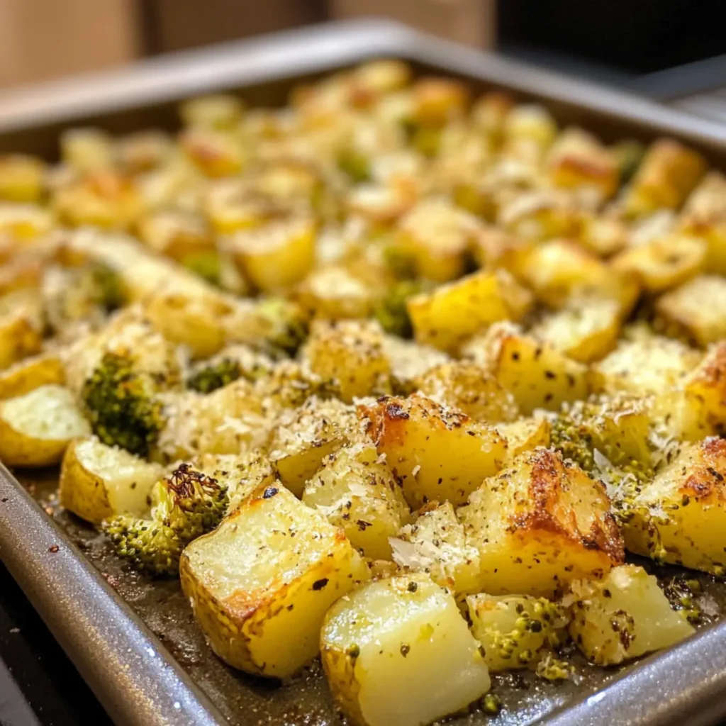 Baking sheet with potatoes and broccoli before roasting.