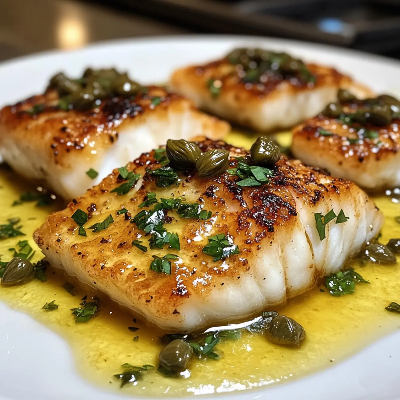 Plated serving of The Best Cod Piccata with lemon-butter sauce and capers.