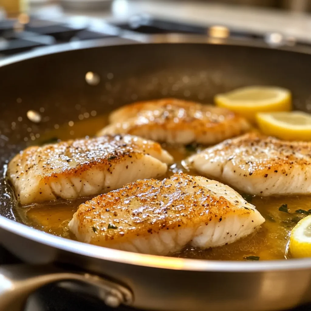 Pan-seared cod fillets cooking in a skillet with lemon and capers.