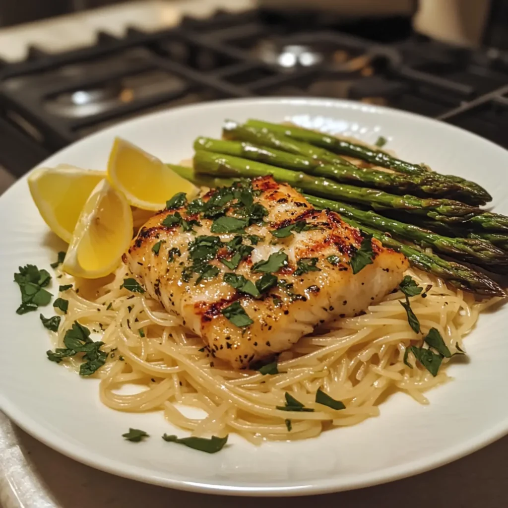 The Best Cod Piccata served with pasta and roasted asparagus.