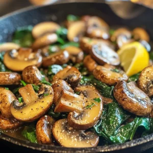 Sautéed mushrooms and spinach in a skillet with garlic and butter.