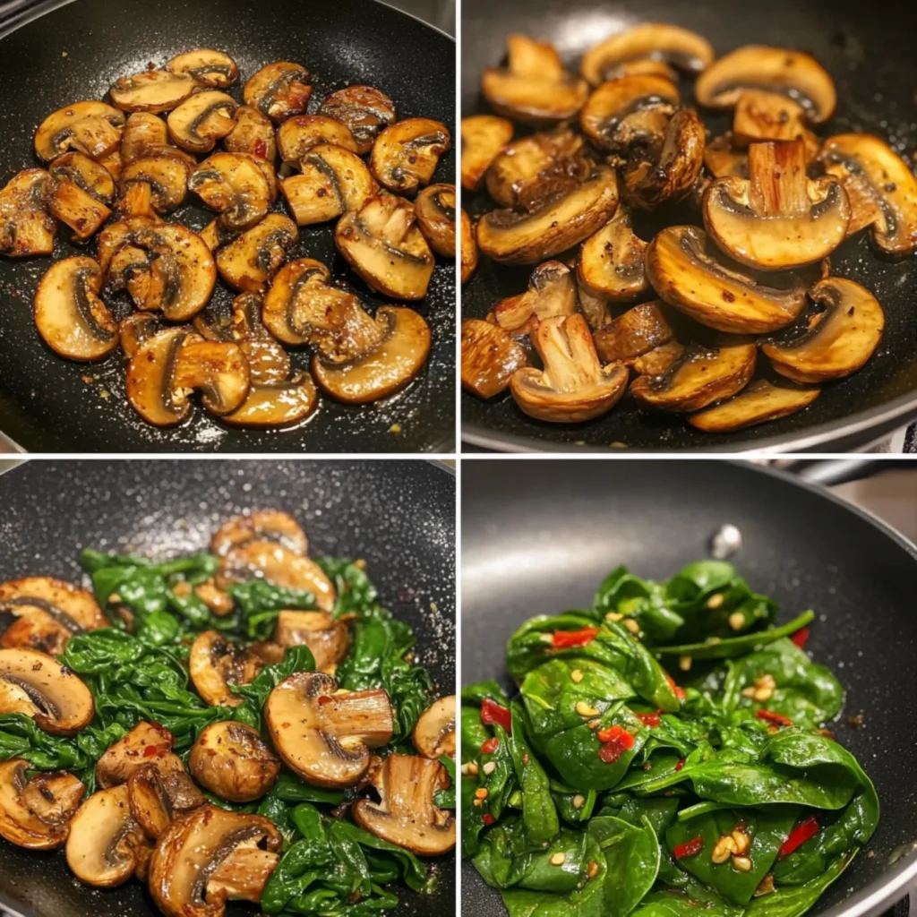 Step-by-step cooking process of mushrooms and spinach in a pan.