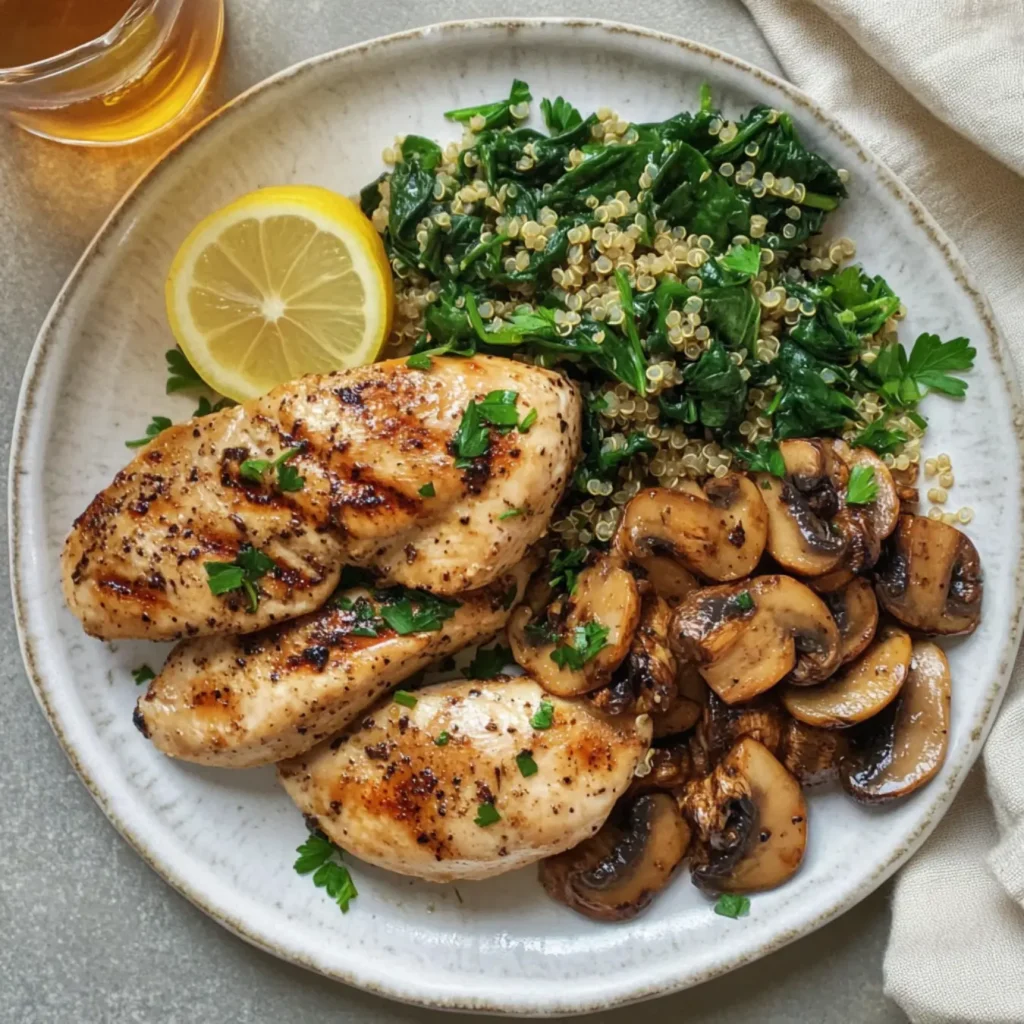 Easy Sauteed Mushrooms with Spinach(Plated sautéed mushrooms and spinach with grilled chicken and quinoa.