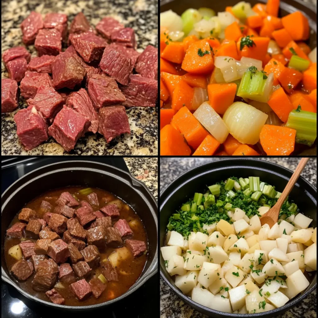 Step-by-step cooking process for Hawaiian beef stew.