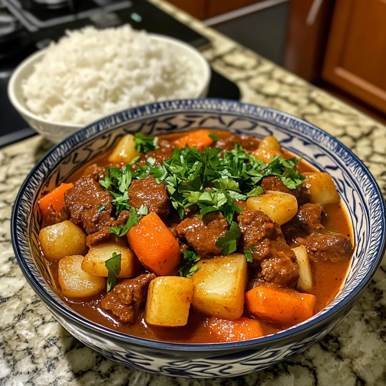 A bowl of authentic Hawaiian beef stew with tender beef and vegetables.