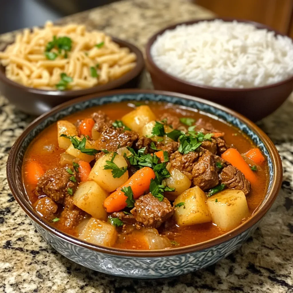 Hawaiian Beef Stew Recipe-Hawaiian beef stew served with rice and macaroni salad.