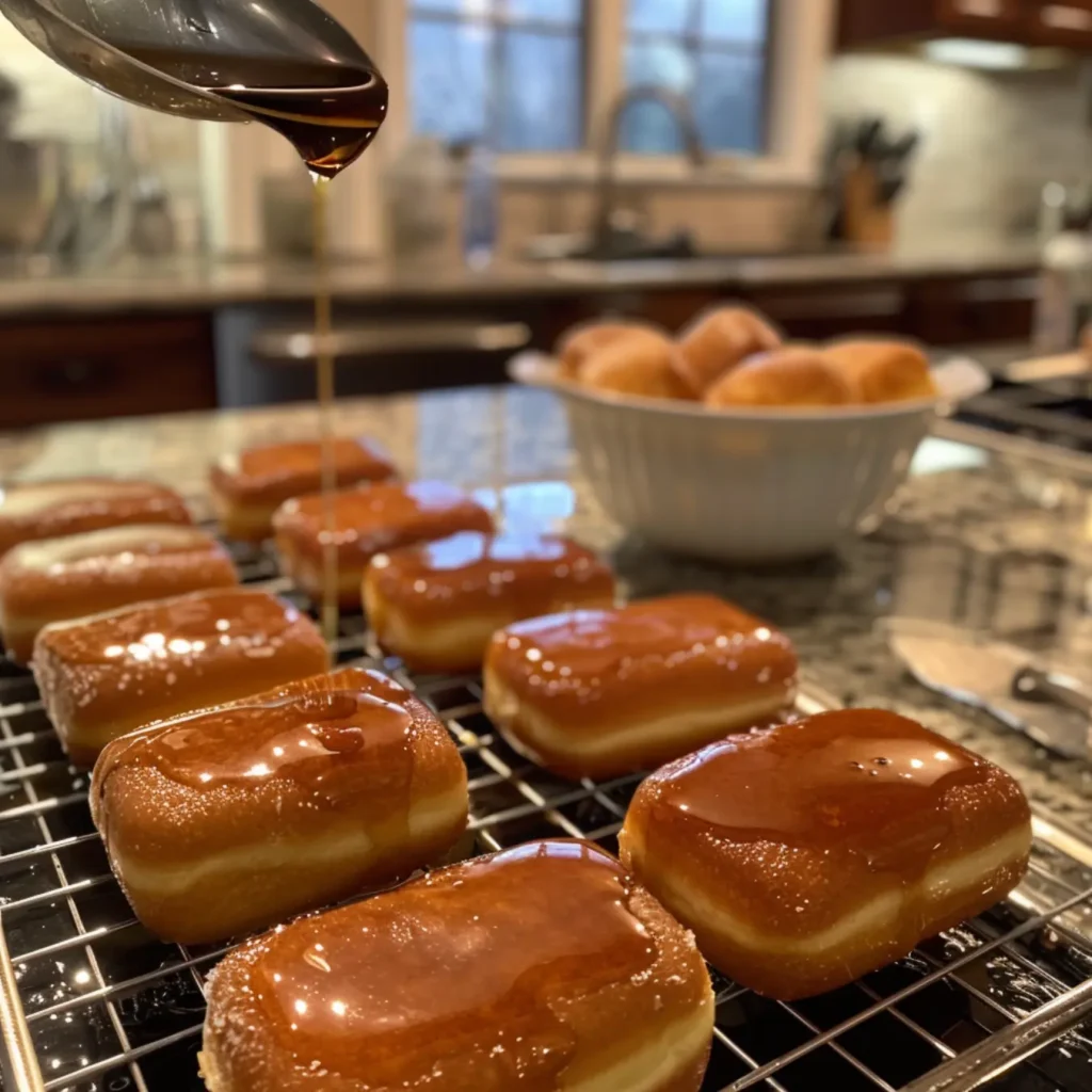 Glazed homemade maple donut bars cooling on a rack.