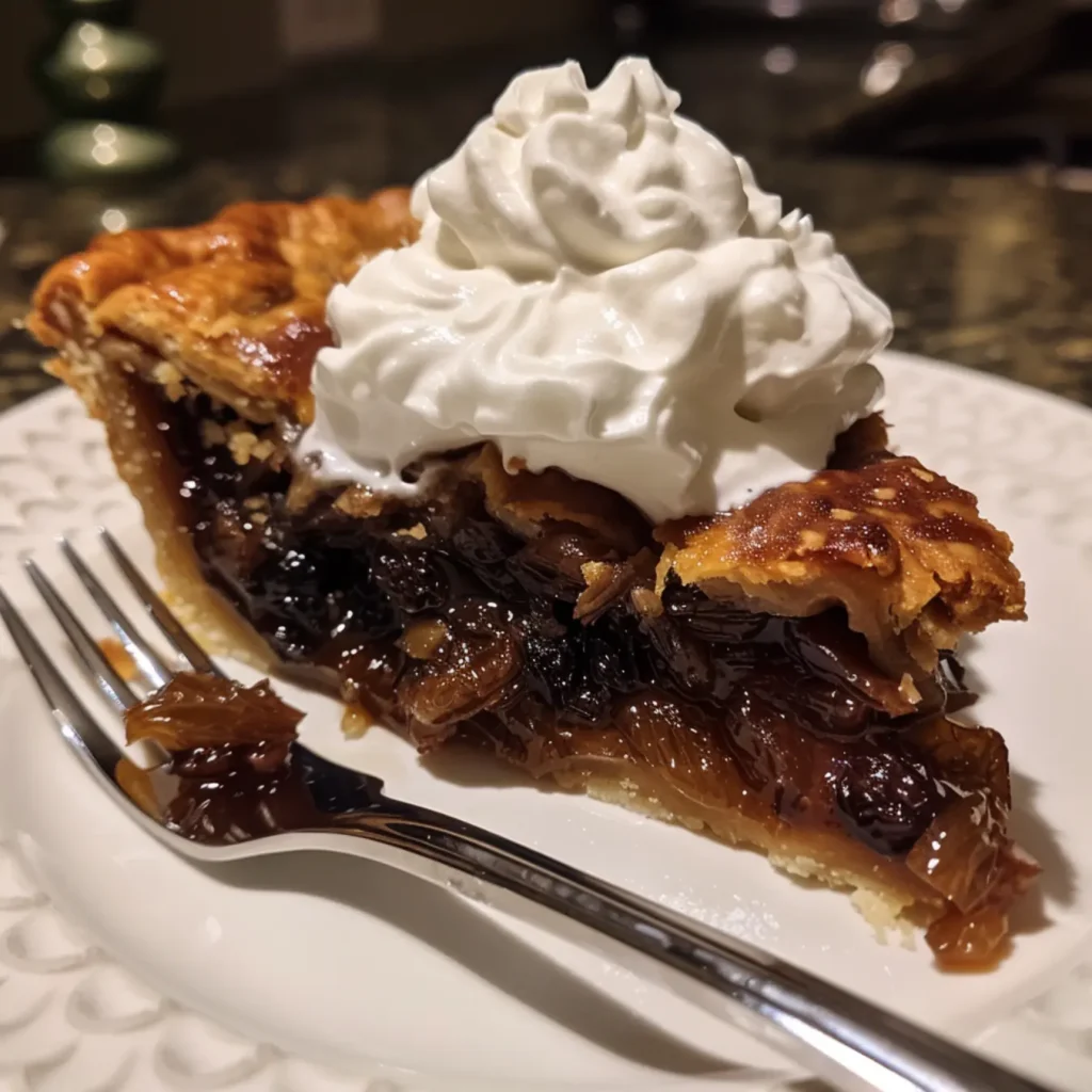 A warm slice of raisin pie served with whipped cream.