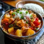 Hearty chicken caldereta with tomato sauce and vegetables.