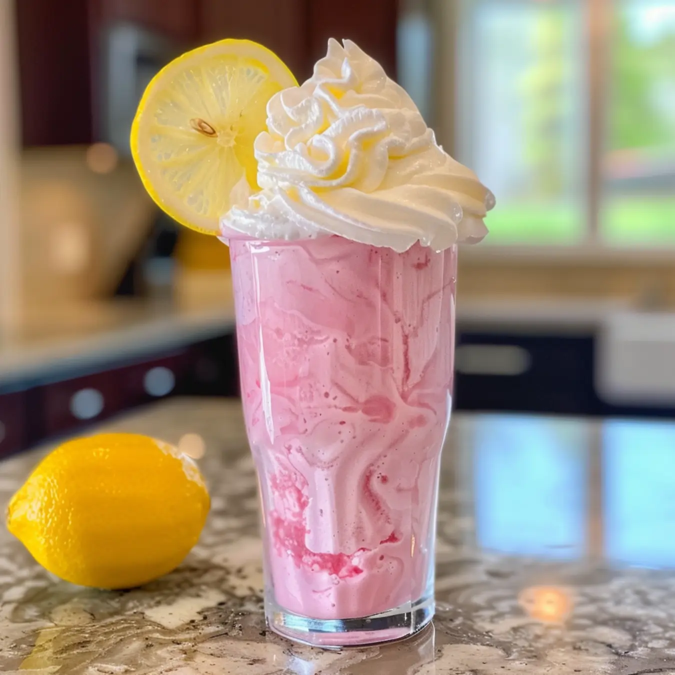 A tall glass of Whipped Pink Lemonade with ice and a lemon slice.