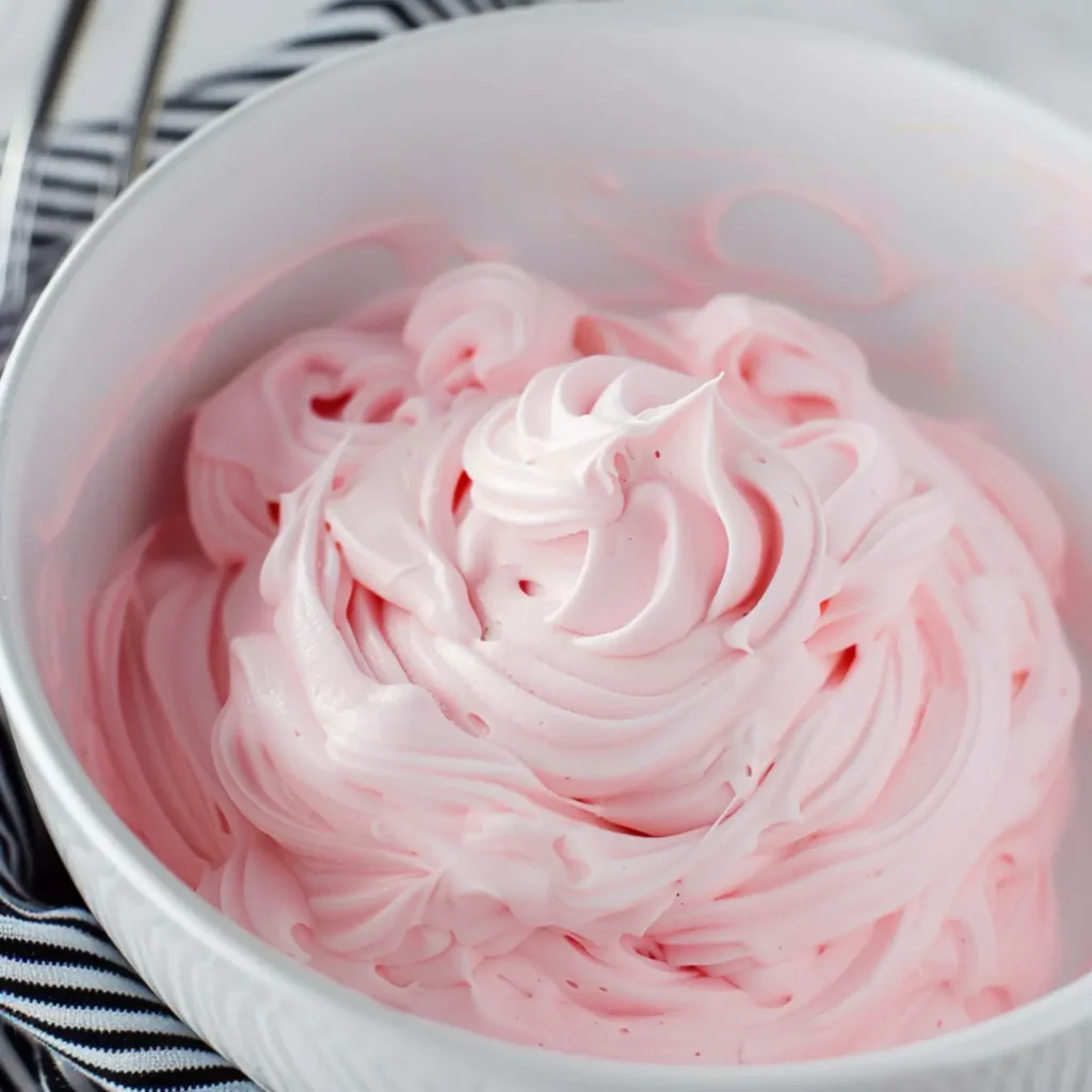 Whipped Pink Lemonade-Close-up of fluffy, smooth, and creamy pink whipped frosting in a white mixing bowl with delicate swirls and a soft texture.