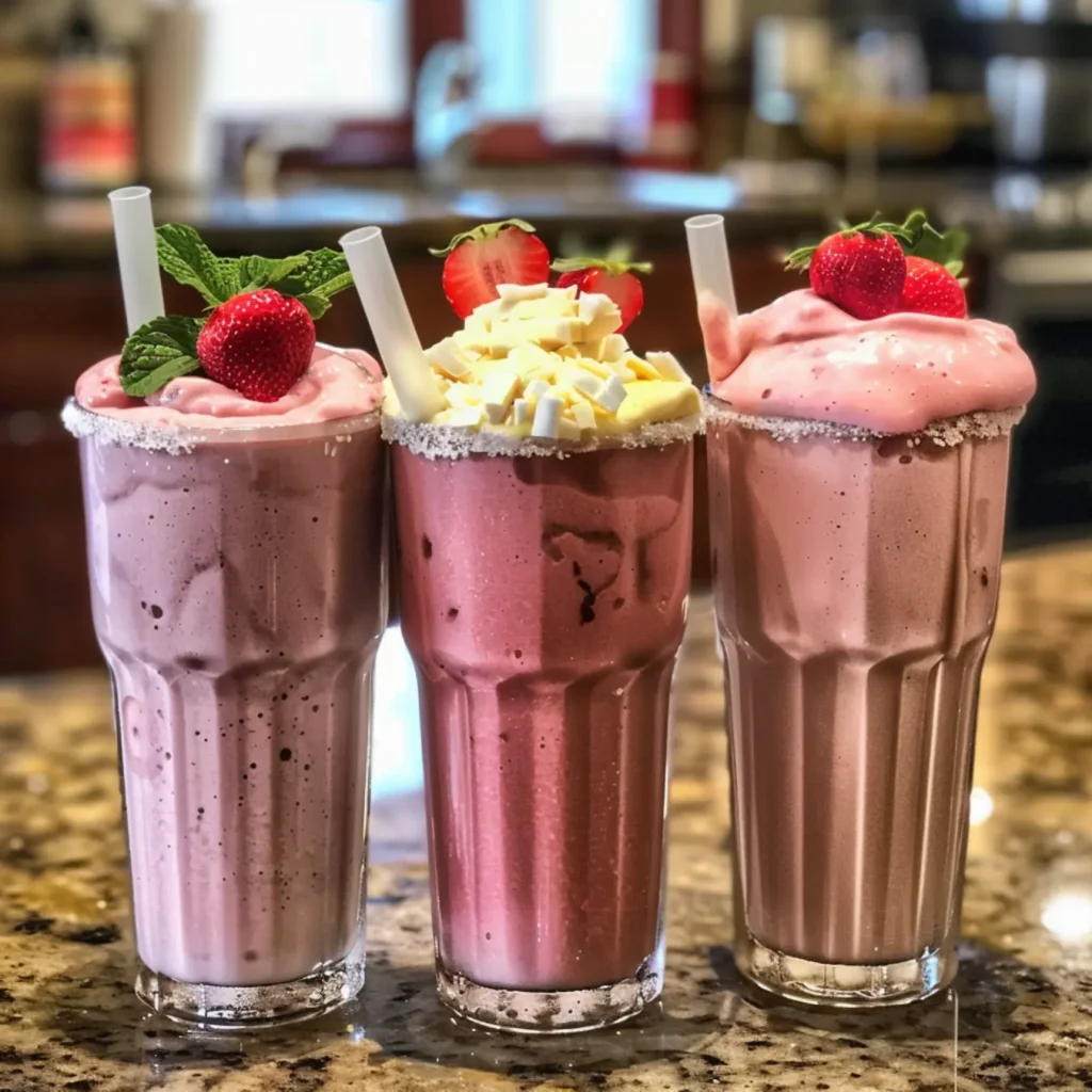 Three variations of Whipped Pink Lemonade in different glasses.