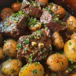 A bowl of Slow Cooker Garlic Butter Beef Bites & Potatoes with garlic butter sauce and fresh parsley.