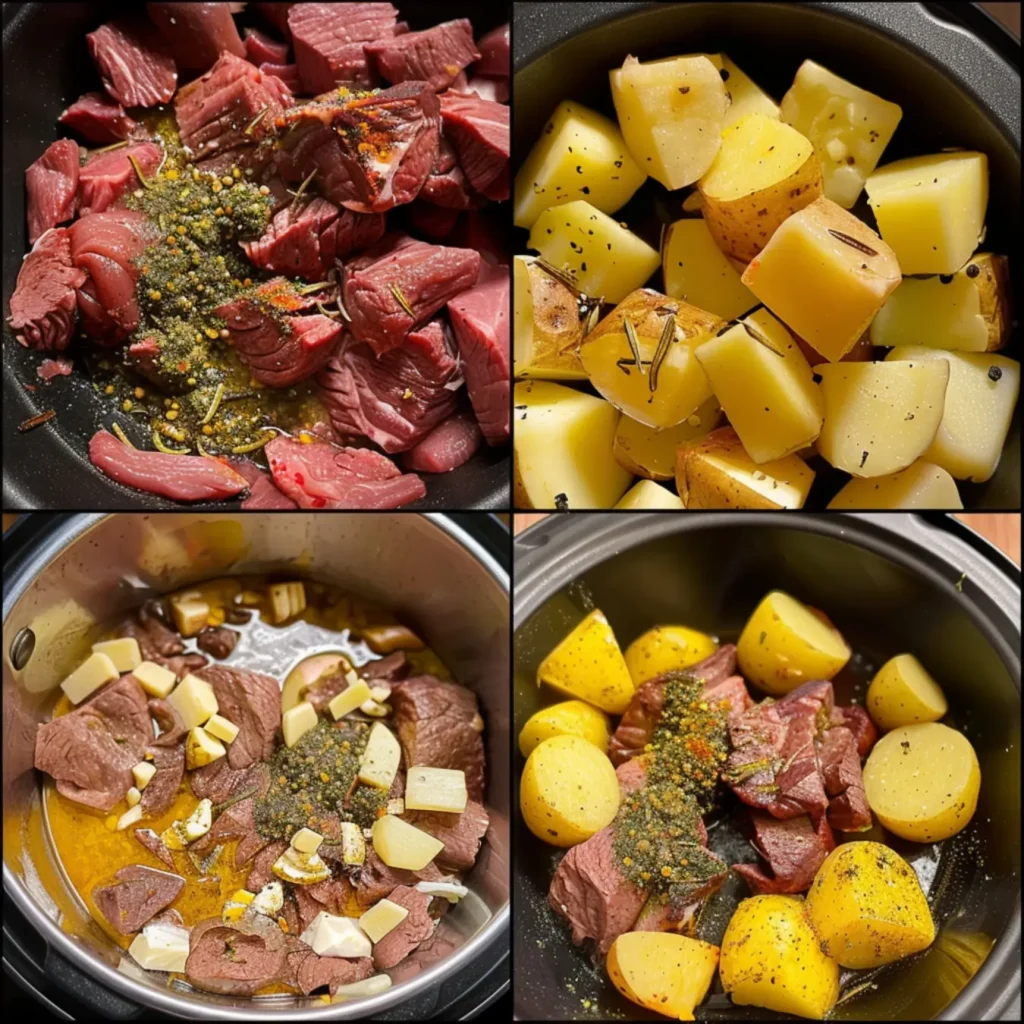 Slow Cooker Garlic Butter Beef Bites & Potatoes-Step-by-step process of making Slow Cooker Garlic Butter Beef Bites & Potatoes.