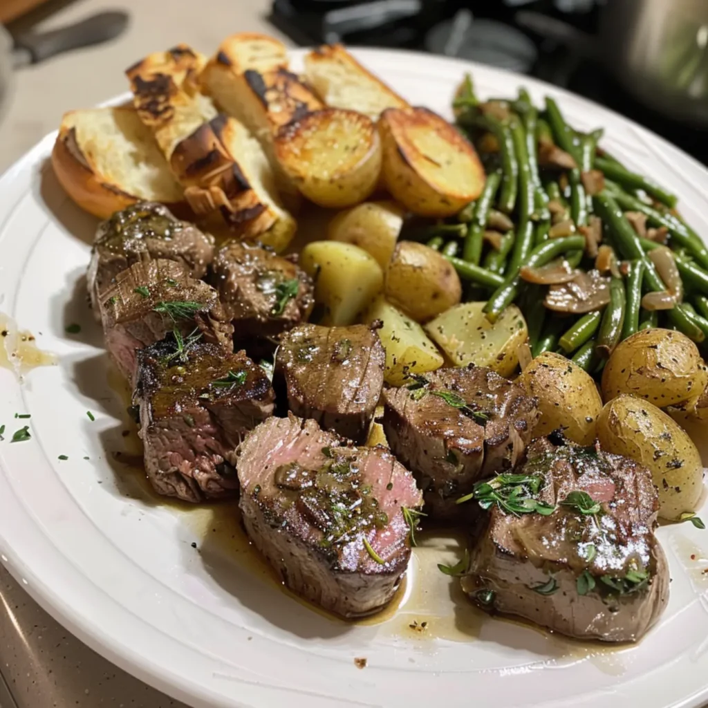 A plate of Slow Cooker Garlic Butter Beef Bites & Potatoes with garlic bread and green beans.